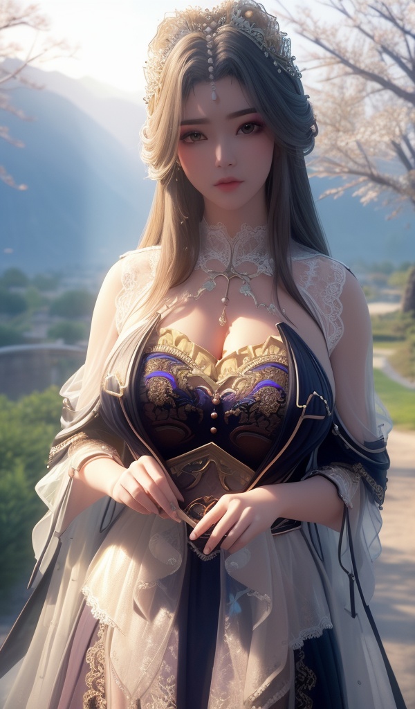 <lora:642-DA-完美世界-龙女:0.8>(,1girl, ,best quality, ),looking at viewer,  ,, ultra detailed background,ultra detailed background,ultra realistic 8k cg,,masterpiece, (( , )), fiction,mole,  ,     ,see-through, lace, (cleavage),(((, solo, sun, , bare_tree, )))