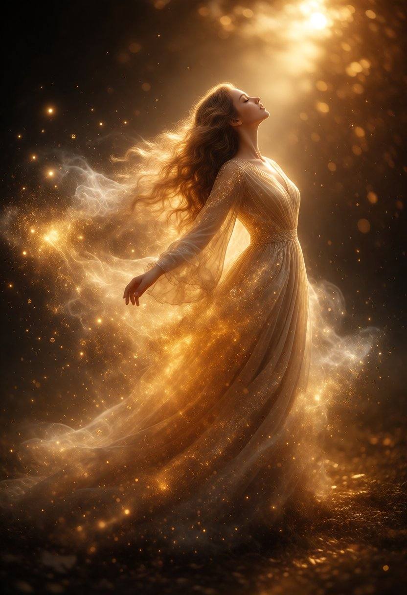 A cinematic,  high-quality digital artwork featuring a woman with long,  flowing wavy hair standing outdoors on Tensor.Art