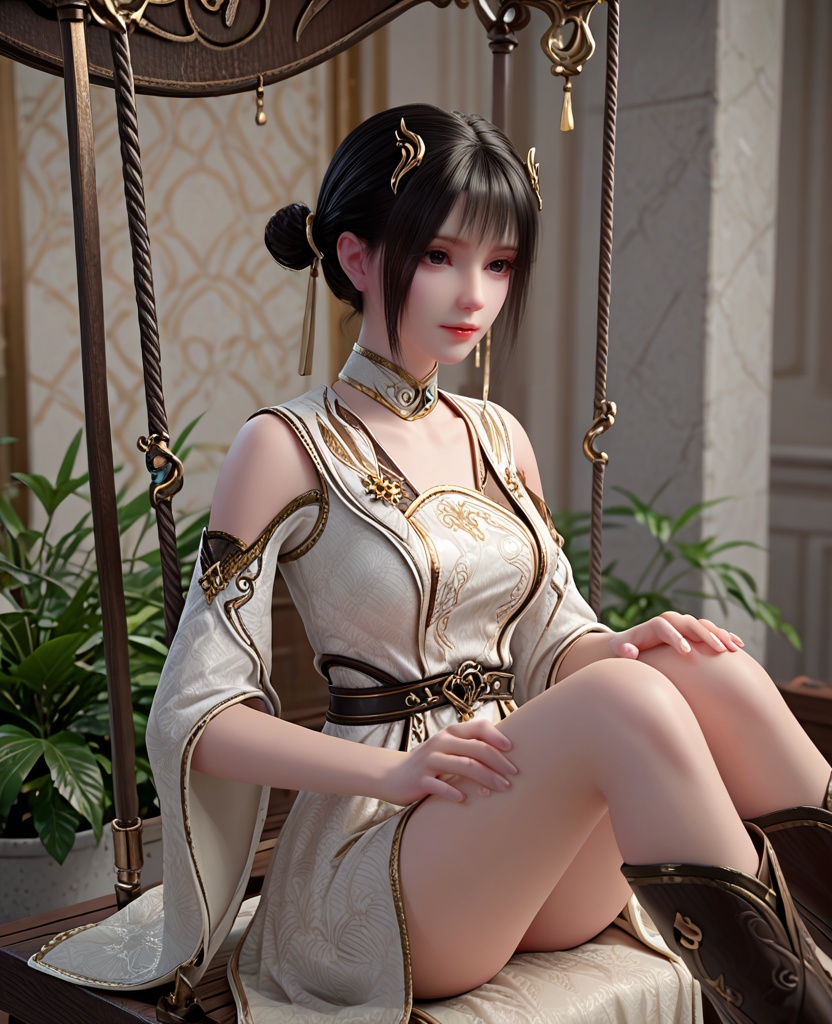 (oriental architecture, elegant decor, sophisticated style:1.1),(Sitting on a swing, leaning forward, showing playfulness and joy,:1.1),looking at viewer,(breasts:1.2),<lora:XL斗破苍穹丹晨:0.9>,miss danchen,brown underdress,white robe,detached collar,belt,shoulder cutout,black eyes,black hair,bangs,sidelocks,hair ornament,double bun,boots,, score_9,score_8_up,score_7_up,score_6_up,score_5_up,score_4_up,3d rendering,tag1,tag2, Cinematic Lighting,backlighting,, zPDXL3, zPDXL2,zPDXL, zPDXLxxx, zPDXLrl,
