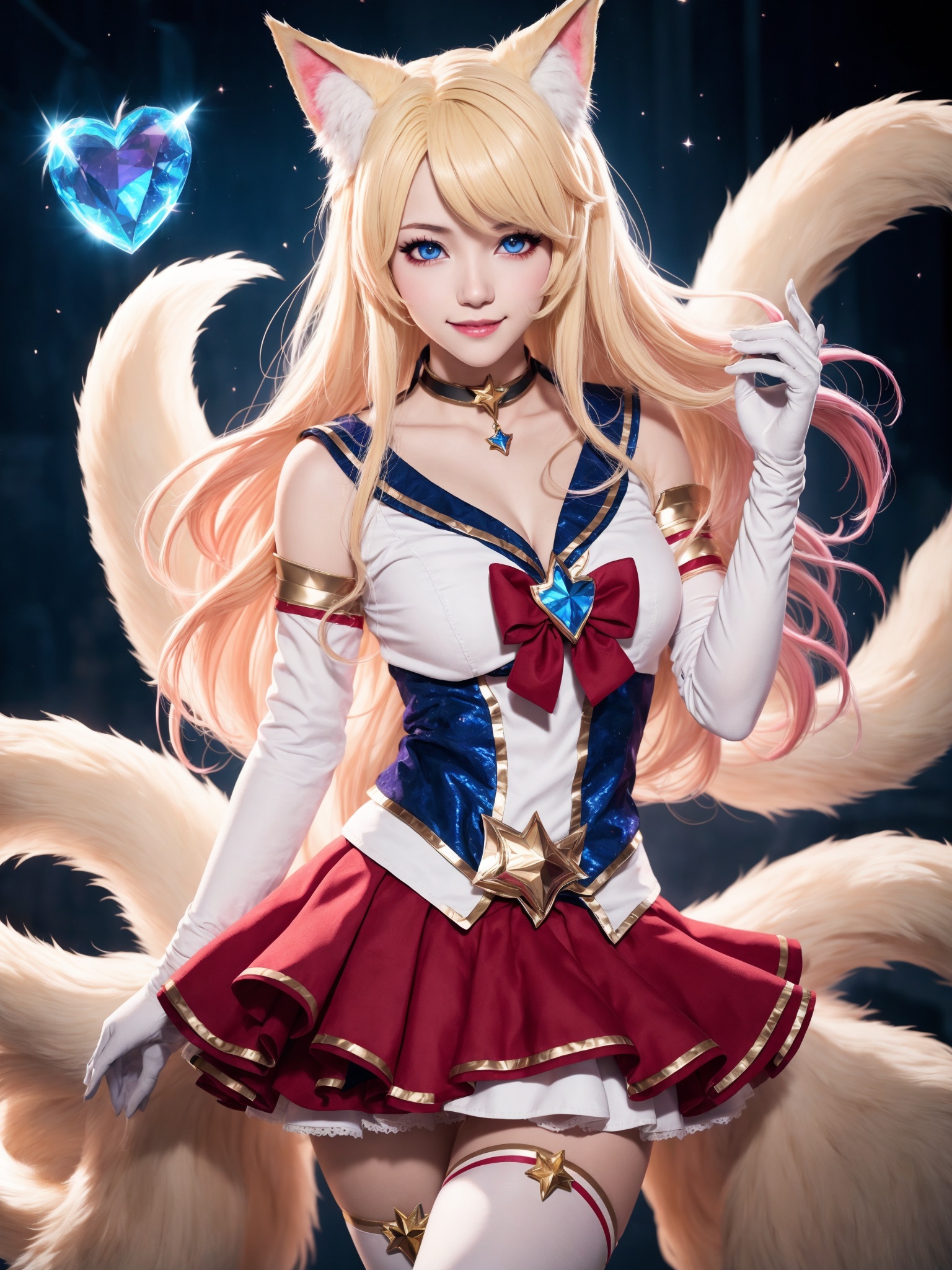 Best quality,4K,HDR,RAW photo,ultrafine detailed,Star Guardian Ahri,1girl, tail, ahri (league of legends), fox tail, animal ears, heart, thighhighs, fox ears, long hair, skirt, A red short skirt,multiple tails, blonde hair, solo, looking at viewer, smile, choker, white,gloves,sailor senshi uniform,detached sleeves, fox girl, blue eyes, idol, magical girl, purple eyes,<lora:Ahri_20240510232413:0.8>