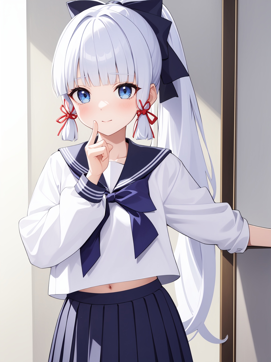 <lora:神里喜茶-000011:0.8>,kamisato ayaka \(heytea\),kamisato ayaka,school uniform,long hair,ponytail,bangs,serafuku,blue eyes,sailor collar,ribbon,shirt,white shirt,hair ribbon,skirt,long sleeves,blunt bangs,pleated skirt,blue skirt,bow,hair bow,white hair,, 1girl,,  (masterpiece,best quality:1.2),absurdres