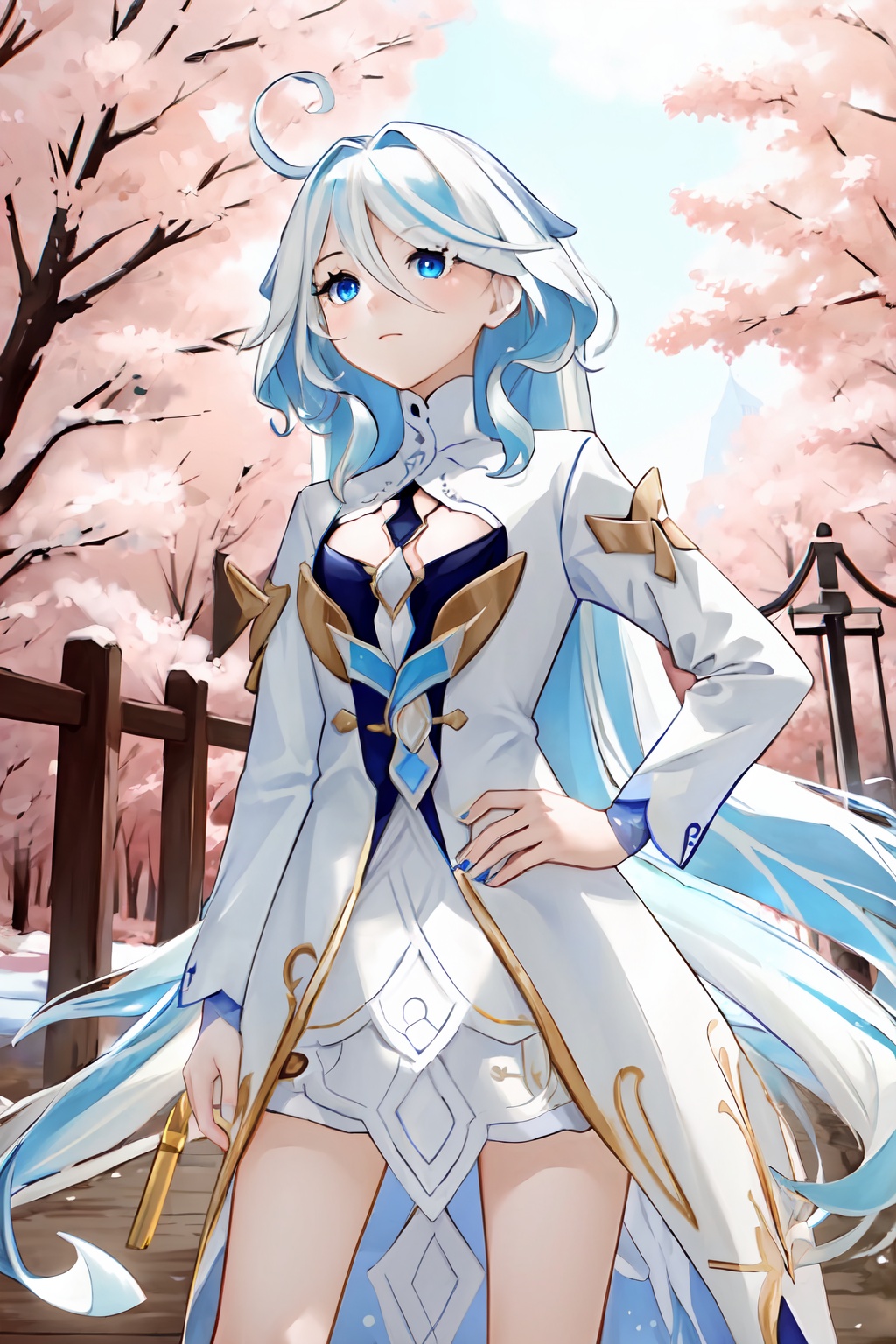(masterpiece, best quality:1.2),Focalors,white dress,barefoot,clothing cutout,blue nails,long hair,heterochromia,long sleeves,neck ruff,standing,outdoors,<lora:Furina-000006:1>,