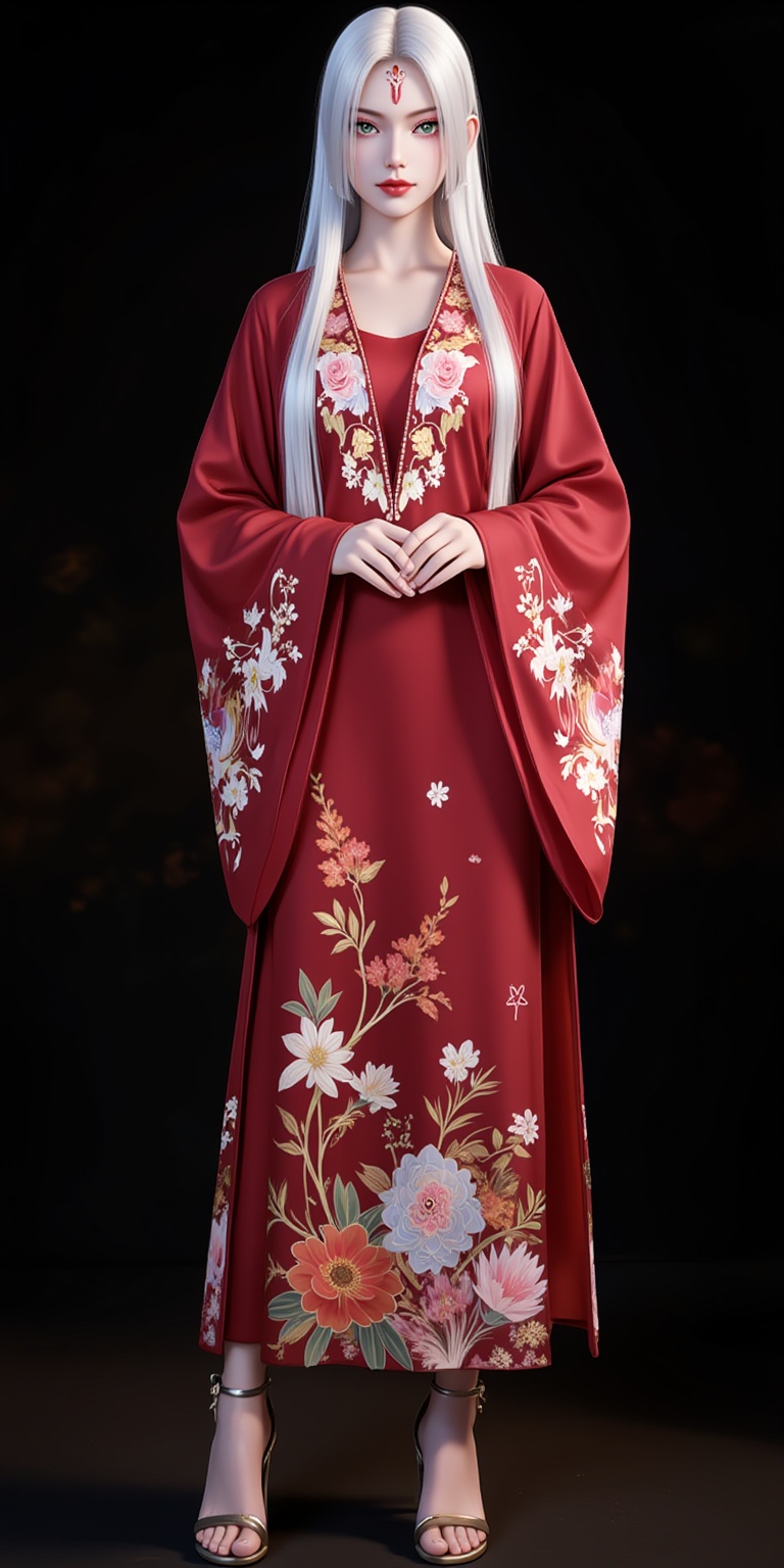 <lora:秀禾婚服1人物百搭款·6:1.1>,hunsha,1girl,solo,long sleeves,floral print,wide sleeves,full body,jewelry,dress,chinese clothes,standing,high_heels,black_background,drop_shadow,<lora:小白·直发·衣服百搭款5:1.1>,xiaobai,solo,long hair,white hair,1girl,facial mark,forehead mark,looking at viewer,red lips,lips,green eyes,closed mouth,makeup,parted bangs,cover,gradient background,close-up details,outstanding style,adding a touch of dimension to your images without compromising details,close-up,<lora:DJ滤镜_2.5D版:0.3>,lvjing,<lora:油画唯美滤镜15:0.2>,baoshi,