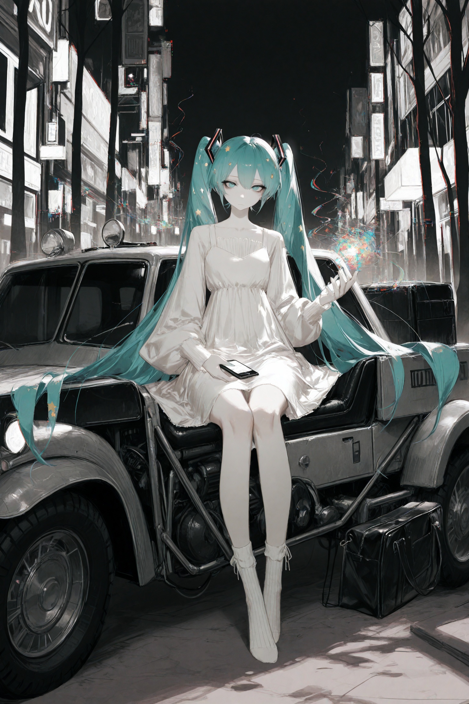 masterpiece,best quality,amazing quality,very aesthetic,absurdres,newest,highres,usa37107692,dino_(dinoartforame),beast_quality,masterpiece,8k,abstract,1girl,sitting,full_body_shot,solo,twintails,bag,phone,(multicolored_theme:1.5),miku,hatsune miku,holding,dress,outdoors,socks,ground vehicle,hair ornament,cellphone,night,bangs looking_at_viewer,neon,loose_sleeves,glitch_art,glitch_effect,black_background,scanlines,(monochrome:1.3),tall_trees,mystical_forest,grassy_pathway,neutral_expression,star_hair_accessory,foggy_background,stylish,soft_dark_theme,flowing_white_dress_with_translucent_layers,soft_glow,ethereal_aura,aesthetic_pixelation,ambient_mist,bioluminescent_glow_in_trees,faint_stardust,