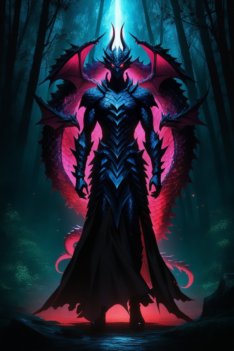 anime artwork human dragon hybrid, human head, dragon scale skin, dragon eyes, male focus, full body, standing, grimdark, creepy tale:1.15, dark forest background, rim lighting, style of Anato Finnstark, by alena aenami . anime style, key visual, vibrant, studio anime,  highly detailed