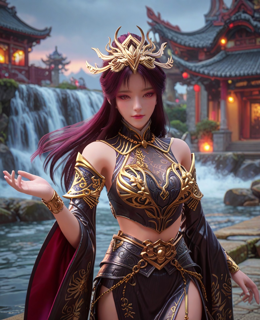 (oriental architecture, elegant decor, sophisticated style:1.1),(paddleboarding,huge waves:1.1),(breasts:1.2),<lora:XL百炼成神毒血夫人:0.95>,miss duxuefuren,hair ornament,long hair,purple hair,breastplate,skirt,pink eyes,jewelry,teeth,bare shoulders,breasts,detached sleeves,necklace,, zPDXL2, score_9, score_8_up, score_7_up BREAK realistic, masterpiece,best quality, highly detailed,, zPDXL3, zPDXL2,zPDXL, zPDXLxxx, zPDXLrl,