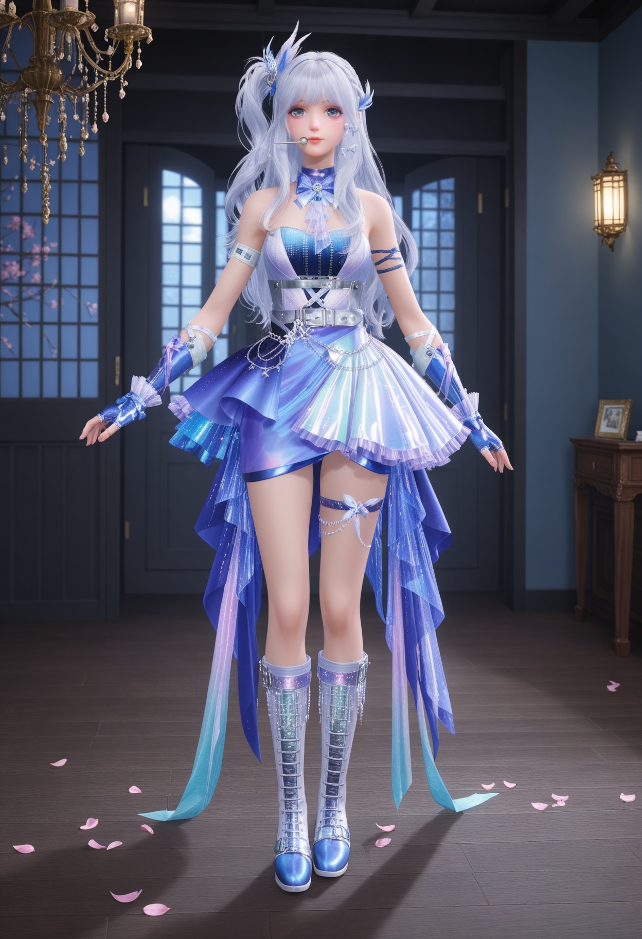 (full_body:1.2),(looking at viewer:1.1),facing viewer,direct gaze,(masterpiece:1.1),(best quality:1.2),(intricate details),(smog:1.3),(Dark room:1.3),(dim lighting:1.3),peach blossom,falling petals,<lora:YQ_Illustrious光辉v5_暖暖23_星屑小梦曲_V1:0.8>,1girl,q1528437228,long hair,white hair,hair ornament,dress,fingerless gloves,boots,blue eyes,skirt,grey eyes,jewelry,one side up,belt,masterpiece,(best quality),(intricate details:0.9) BREAK (intricate details:0.9),(realistic skin:1.2),masterpiece,best quality,newest,absurdres,hiahres,