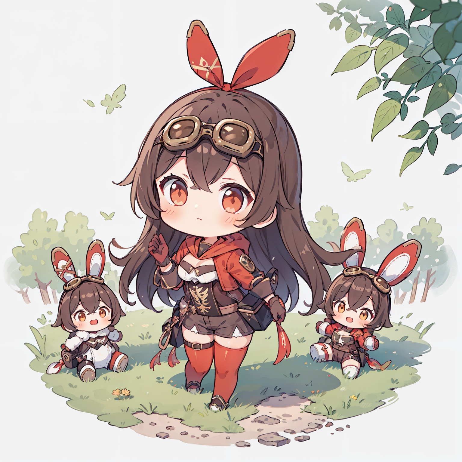 best quality,(masterpiece:1.3),fullbody,ultra-detailed,solo:1.3,1GIRL,amber \(genshin impact\) scenary,forest,goggles, long hair,gloves,shorts,brown hair,red thighhighs, cleavage, red ribbon, long sleeves, shrug \(clothing\), jacket,pouch,goggles on head,rabbit doll, <lora:amber:1>