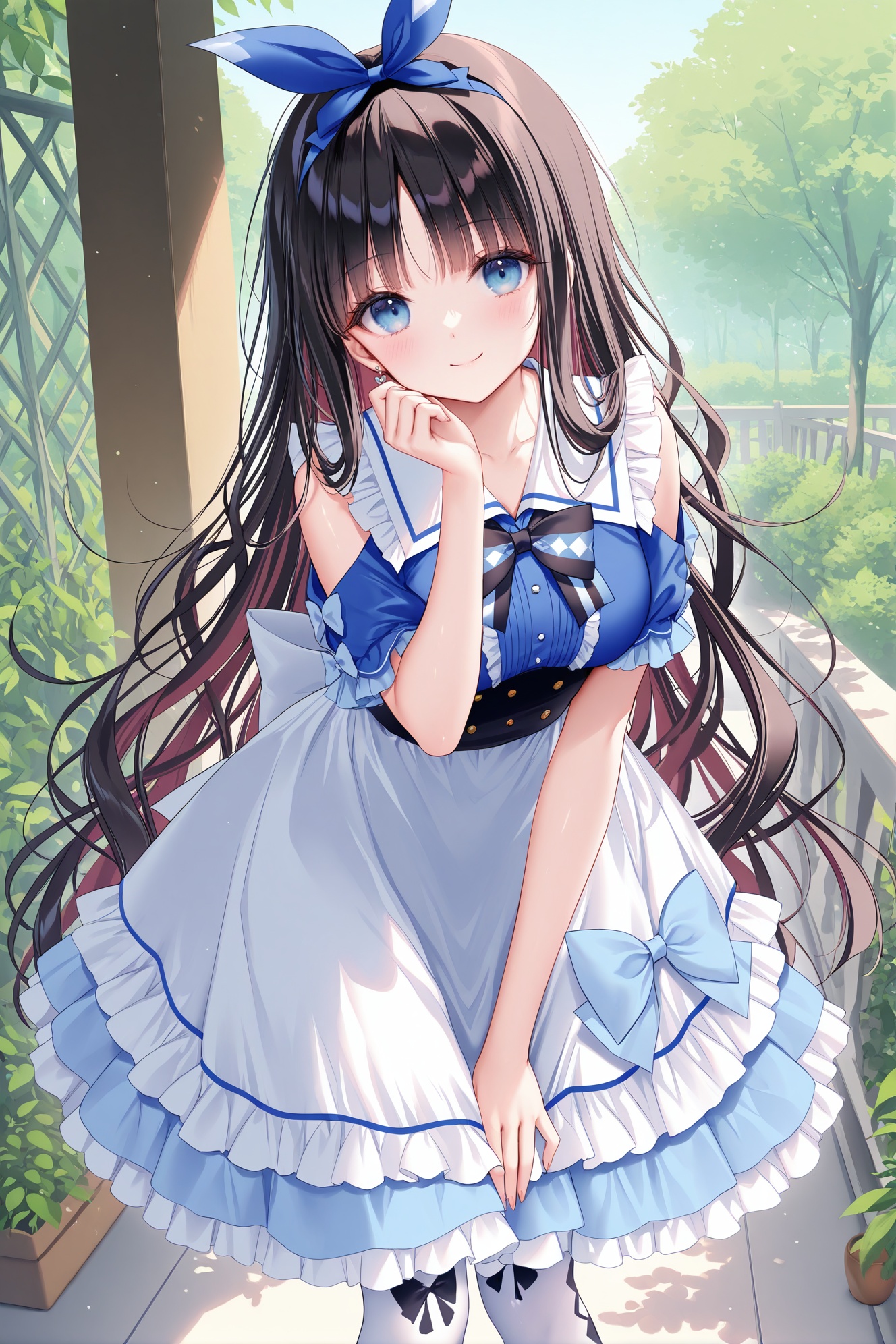 masterpiece, best quality, newest, absurdres, highres,(chen bin: 0.5),(hiten \(hitenkei\):0.4),(rimuu:0.5),(mignon:0.5),(sheya:0.6),smile,  Nazuna(ensemble), blue eyes, black hair, very long hair, shiny hair,messy hair,1girl,solo,  frilled dress, aquawonder, two-tone dress,blue dress, print thighhighs, white thighhighs, leaning forward, outdoors,<lora:nazuna(ensemble)XLNAI:1>,<lora:aquawonderXLNAI:1>
