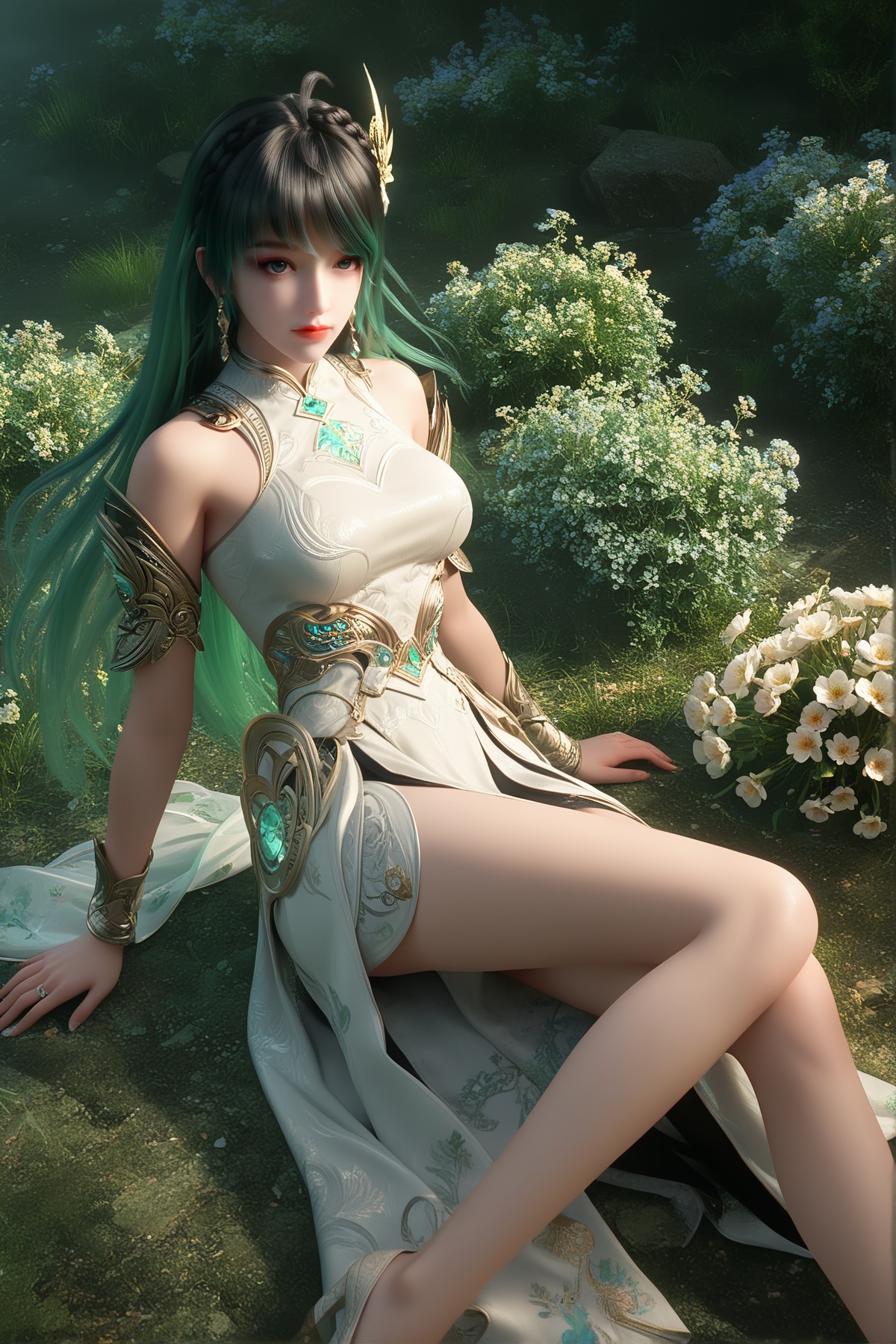 score_9,score_8_up,score_7_up,<lora:wy_linziyue_bz_XL7.0:0.8>,1girl,long hair,breast,medium breasts,earrings,hair_ornament,dress,white_dress,thick_thighs,flower,many flowers,very many flowers,wetting,dark,sitting,on_ground,from_above,black hair,green hair,green eyes,multicolored hair,