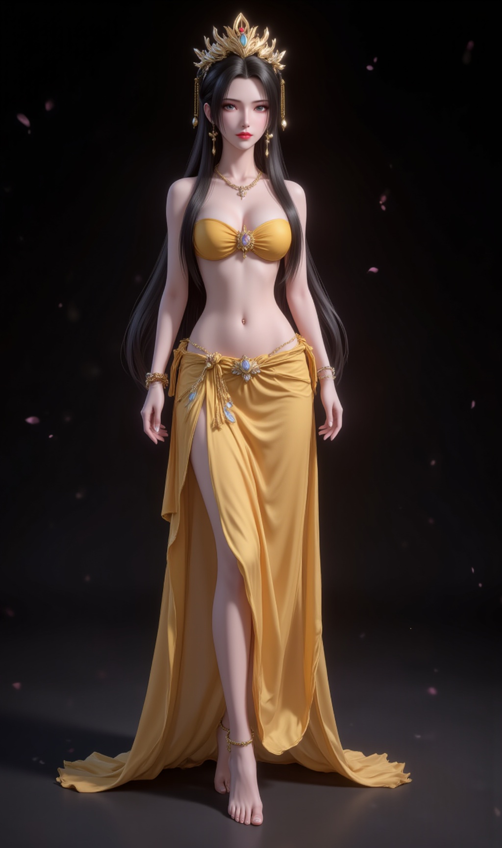 <lora:比基尼1·人物百搭款6:1.1>,bijini,1girl,solo,jewelry,long hair,navel,black hair,barefoot,bracelet,necklace,breasts,swimsuit,midriff,bandeau,strapless,standing,bikini,bare shoulders,(long skirt:1.2),yellow skirt,full body,black_background,simple background,<lora:李慕婉·衣服百搭款6:1.1>,limuwan,black hair,long hair,grey eyes,jewelry,earrings,crown,phoenix_crown,(large breasts:1.2),cover,gradient background,close-up details,outstanding style,adding a touch of dimension to your images without compromising details,close-up,<lora:DJ滤镜_2.5D版:0.3>,lvjing,<lora:油画唯美滤镜15:0.2>,baoshi,