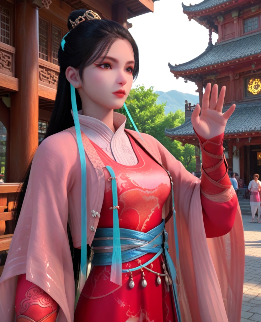 (oriental architecture, elegant decor, sophisticated style:1.1),(practicing ballet:1.1),(breasts:1.2),<lora:XL少年歌行尹落霞:0.95>,miss yinluoxia,pink chiffon outerwea with red dress underneath,black hair,long hair,azure hair ribbon,white lingerie collar,brown eyes,hair ornament,blue waist tie,eyeshadow,lips,fingerless gloves,, score_9,score_8_up,score_7_up,score_6_up,score_5_up,score_4_up,3d rendering,tag1,tag2, Cinematic Lighting,backlighting,