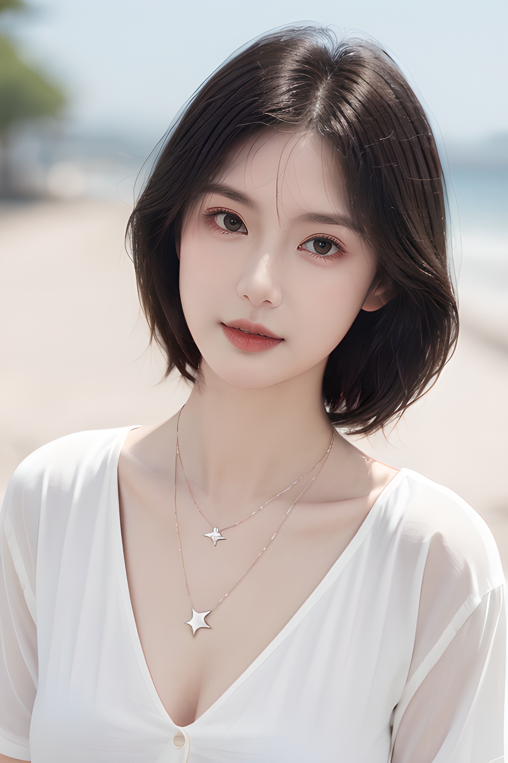 <lora:0804_01:0.7>,<lora:SDXLrender_v2.0:0.6>,<lora:Body_shaping:0.6>,(simple background:1.2),close up,face shot,a girl wearing a necklace,tilts her head slightly downward,1 girl,solo,necklace,white shirt,a gentle breeze ruffling her short hair,the necklace glinting in the sunlight,resembling a shining star.,,
