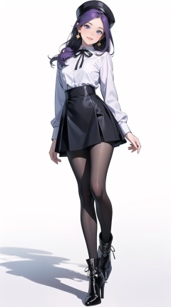 (best quality), ((masterpiece)), (highres), illustration, original, extremely detailed,1girl, solo, pantyhose, hat, long hair, skirt, white background, boots, full body, standing, holding, smile, simple background, purple hair, shirt, ribbon, long sleeves, blue eyes, looking at viewer, head tilt, black skirt, white shirt, black footwear, high heels, standing on one leg, purple pantyhose, high heel boots, high-waist skirt, closed mouth, black headwear, neck ribbon, black ribbon, shiny hair, miniskirt