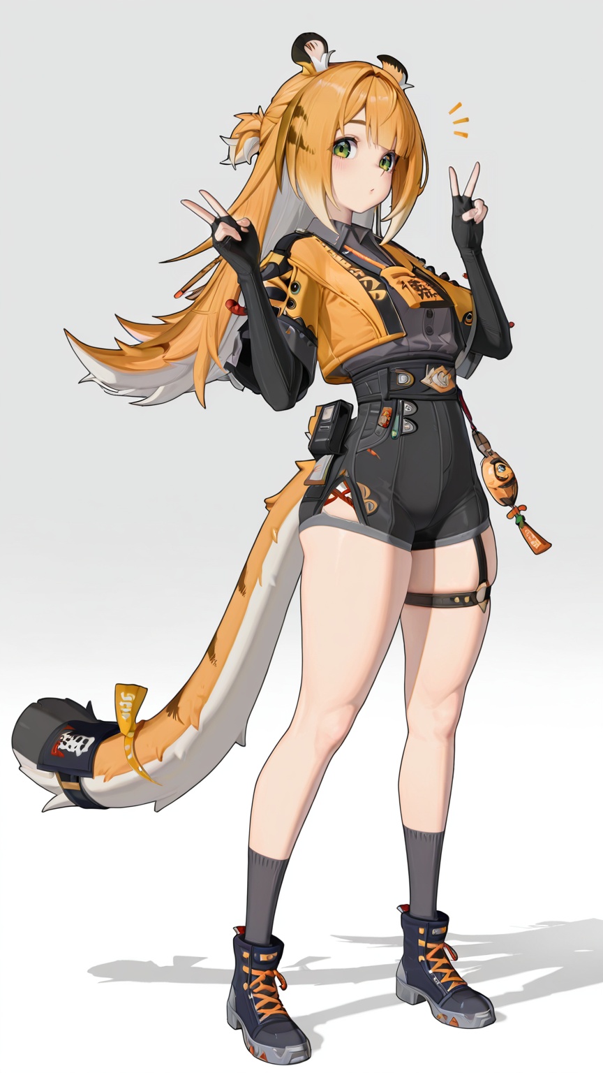 masterpiece,best quality,amazing quality,<lora:jufufu-000016:0.8>,ju fufu\(zenless zone zero\),1girl,solo,tiger tail,tiger ears,green eyes,orange hair,full body,<lora:20250808-1754650692631:0.8>,zhigan3d,1girl,solo,breasts,jewelry,looking at viewer,v,