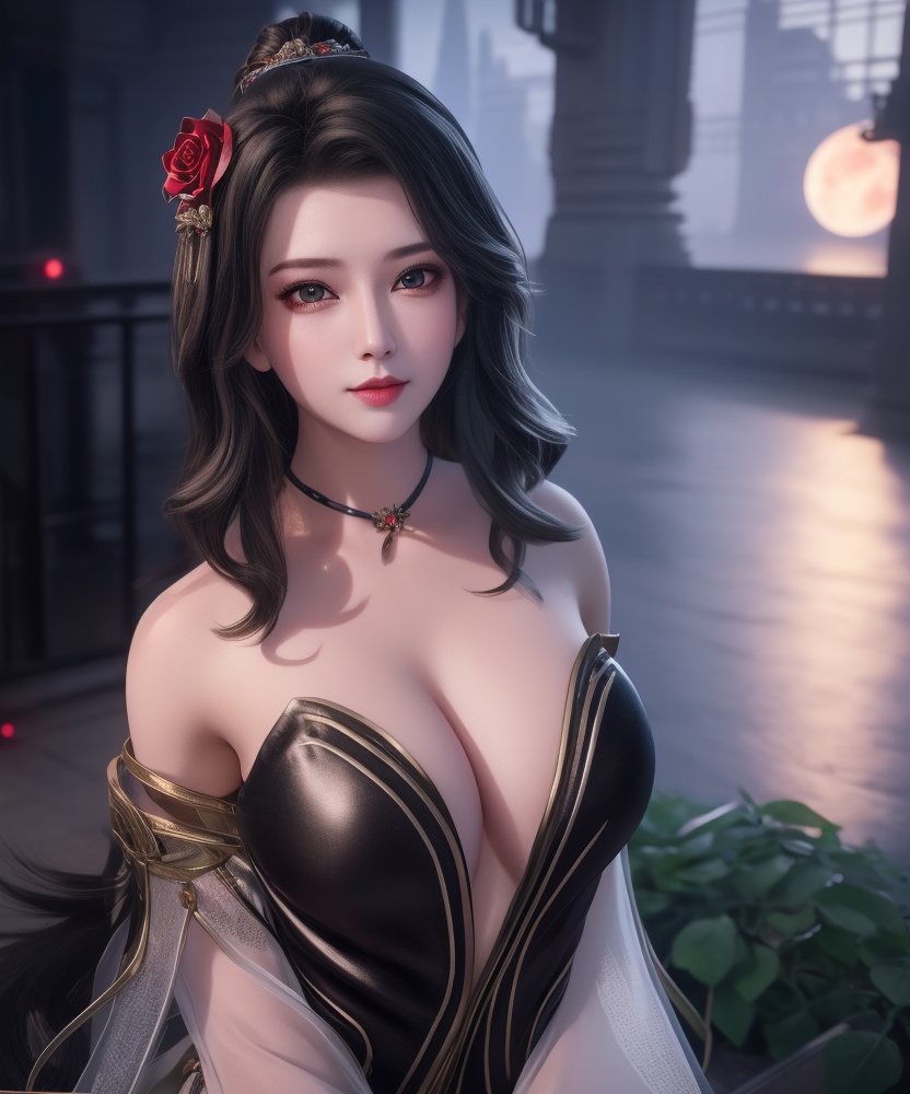 <lora:542-DA-万界至尊-青雉:0.8>(,1girl, ,best quality, ),looking at viewer,  ,,ultra detailed background,ultra detailed background,ultra realistic 8k cg,, ,masterpiece, (( , )),, ,science fiction,mole, ,    ,red moon, black rose,     (cleavage), (),