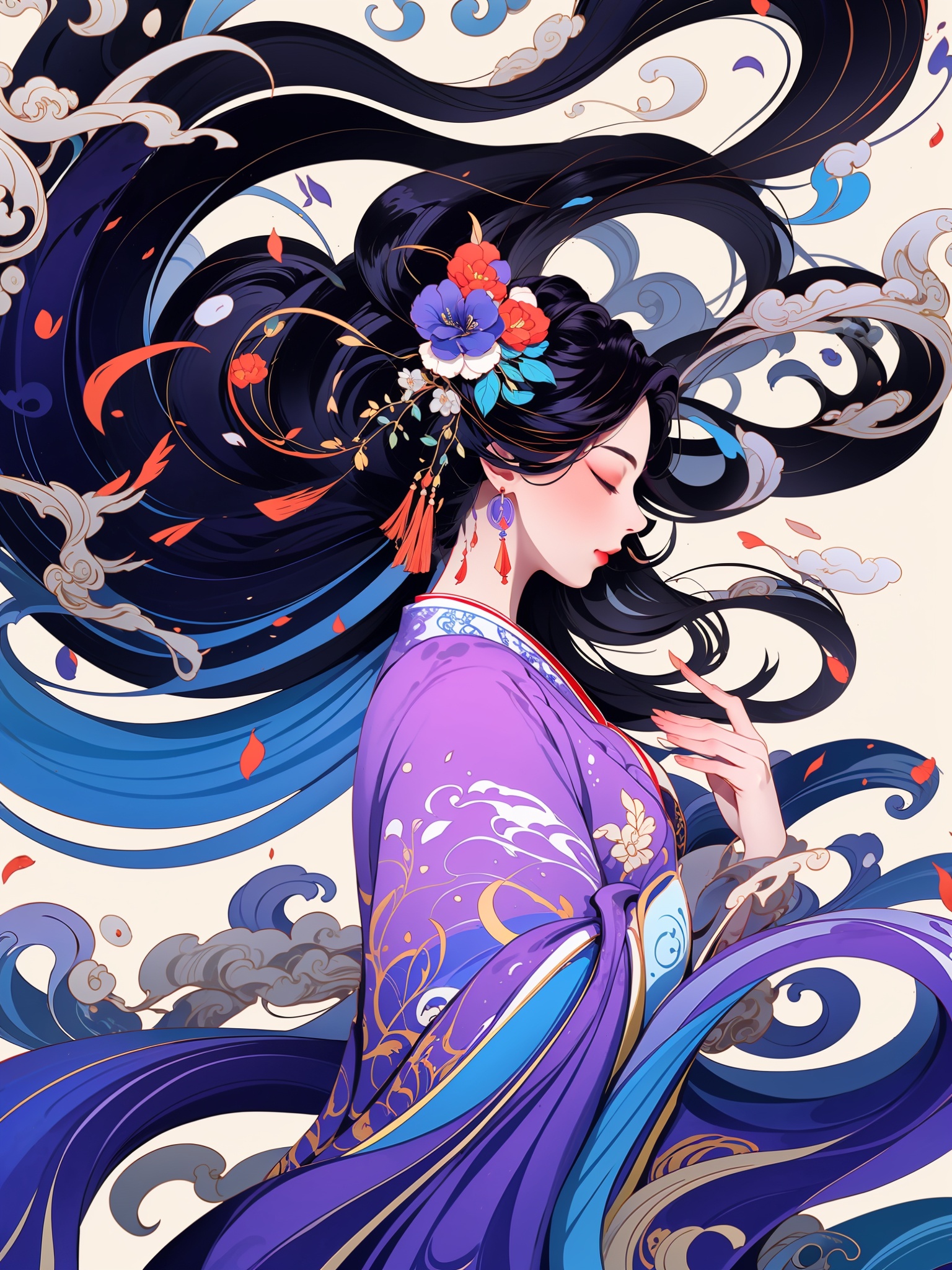 HTTP, 1girl, solo, long hair, closed eyes, chinese dress, hair ornament, hanfu, floating hair, waves, black hair, profile, upper body, makeup, from side, red lips, blue-purple theme<lora:HTTP_20231215133304-000012:1>