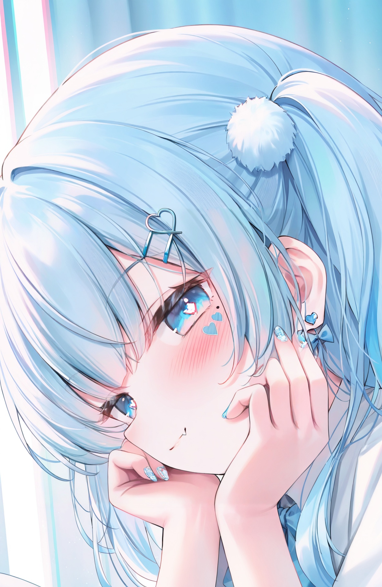 masterpiece,absurdres,best quality,petite,high quality,chromatic_aberration,//,1girl,solo,blue eyes,hair ornament,skin fang,looking at viewer,blue hair,hairclip,portrait,nail art,jewelry,blue nails,fang,close-up,sticker on face,hands on own face,earrings,heart,nail polish,closed mouth,hands on own cheeks,bow,smile,heart facial mark,heart hair ornament,twitter username,heart in eye,bow earrings,blue theme,blue bow,hands up,symbol in eye,fang out,x hair ornament,diamond (shape),mole,star facial mark,artist name,mole under eye,eyelashes,blush,multiple hairpins,light blue hair,<lora:鬼针草2——【CKXL】hans:0.9>,