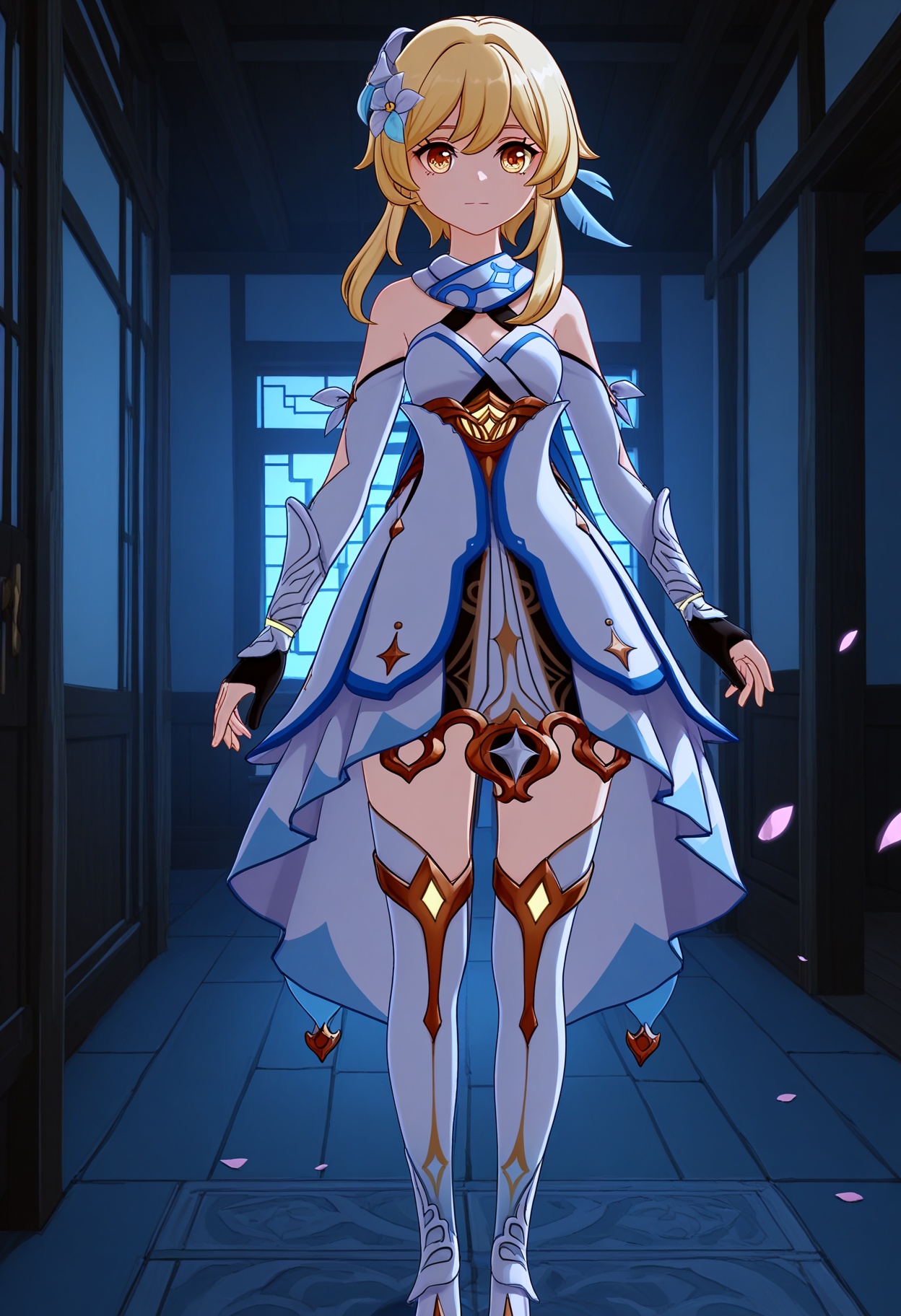 (standing full_body:1.1),looking at viewer:1.1,masterpiece,(best quality),(mutated_hands:-1.2),(bad hands:-1.2),smog,Dark room,dim lighting,peach blossom,falling petals,<lora:YQ_Illustrious光辉二次元v1_荧_V1:0.8>,q1528437228,1girl,solo,lumine (genshin impact),blonde hair,hair ornament,dress,hair flower,white dress,short hair with long locks,detached sleeves,yellow eyes,scarf,sidelocks,feather hair ornament,gloves,white thighhighs,boots,