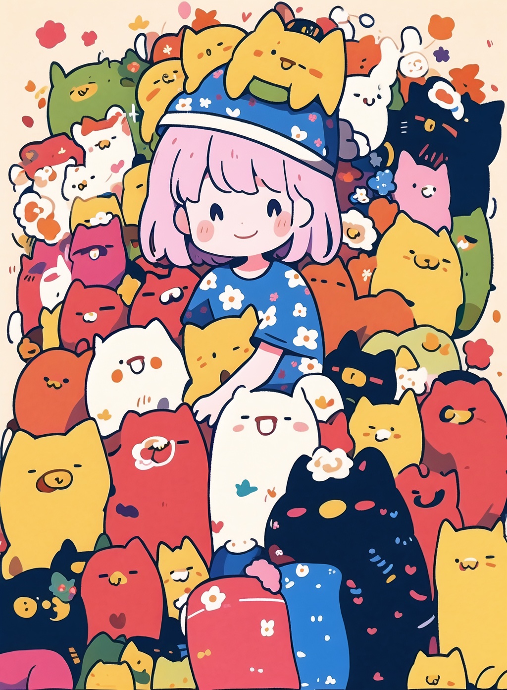 <lora:zgmaomao-000006:1>,1girl,zgmaomao,cat,smile,short sleeves,short hair,cat ears,solo,floral print,full-size photograph,pink t-shirt,pink hair,hat,cat_on_head,