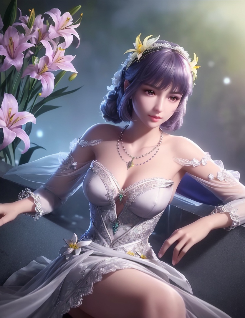 ultra realistic 8k cg, picture-perfect face, flawless, clean, masterpiece, professional artwork, famous artwork, cinematic lighting, cinematic bloom, perfect face, beautiful face, fantasy, dreamlike, unreal, science fiction,   lace, lace trim, lace-trimmed legwear,  (rich:1.4), prestige, luxury, jewelry, diamond, gold, pearl, gem, sapphire, ruby, emerald, intricate detail, delicate pattern, charming, alluring, seductive, erotic, enchanting, hair ornament, necklace, earrings, bracelet, armlet,halo((,1girl, pov,))  ((, 1girl, solo, star_\(symbol\),lily \(flower\),hair flower, dress, jewelry))<lora:DA_BaiChenXiang:0.6>