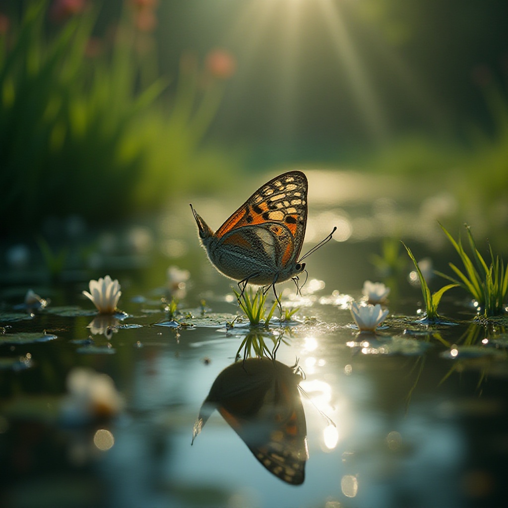 A phantasmal,  prism-glass-shatter kaleidoscope of a butterfly perched upon a single blade of dewy grass at the edge of a...