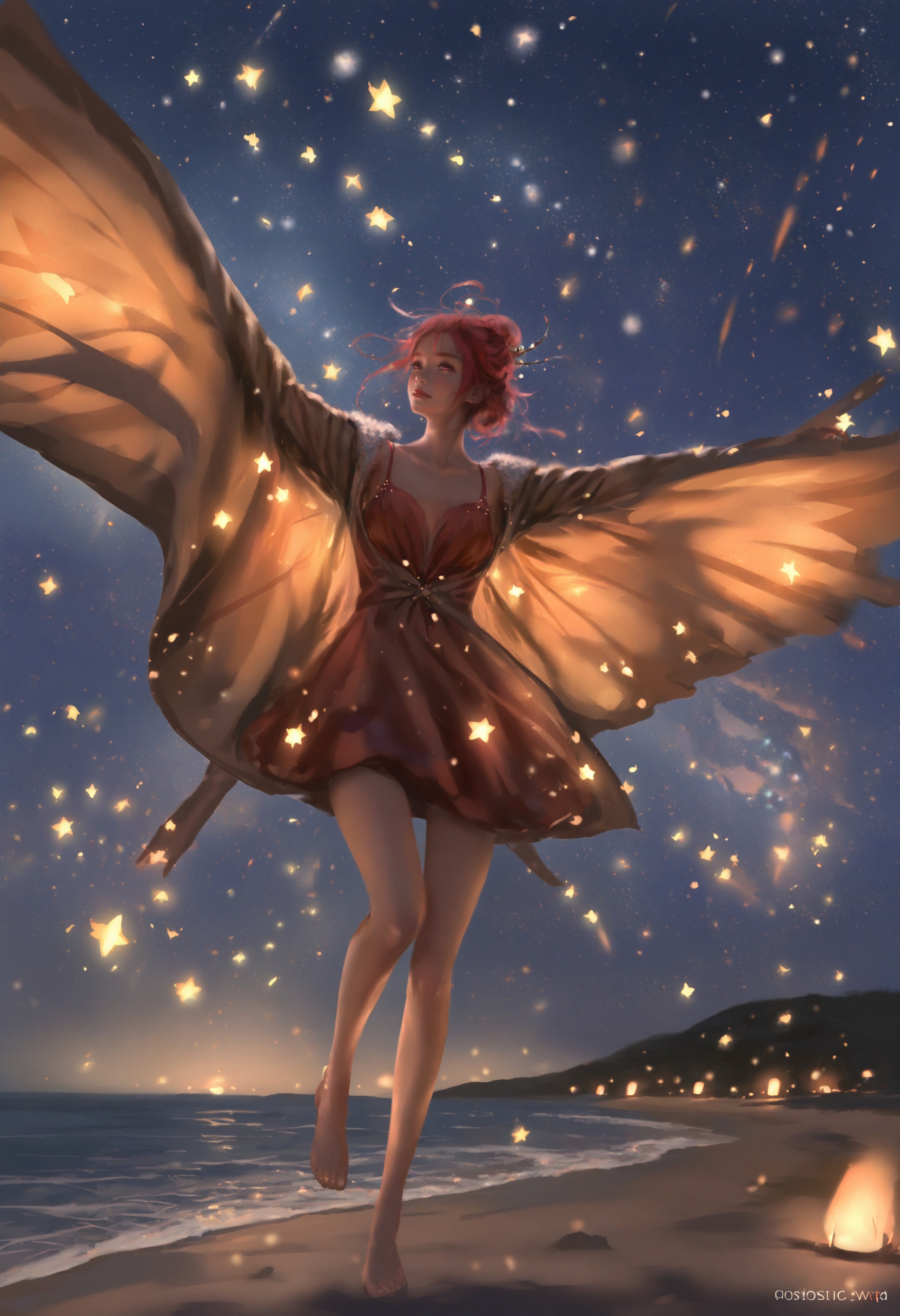 masterpiece, best quality,1girl,   realistic, solo, Outerwear, red hair, Swimwear, star, (sky:1.1), scenery, starry sky, outstretched arms, dress, night, hair bun, short dress, a-pose, star \(sky\), spread arms, night sky, outdoors, standing, single hair bun <lora:wlopXLlokr4f-000187:0.95>