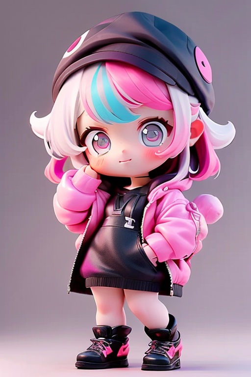 best quality, masterpiece, 3D, C4D, 1girl, solo, looking at viewer, blush, full body, bangs, dress, jacket, pink hair, chibi, white hair, multicolored hair, pink eyes, virtual youtuber, medium hair, black footwear, white headwear, black dress