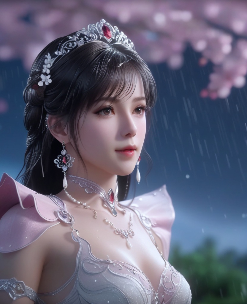 <lora:595-DA-XL-斗罗大陆-小舞-神界服装:0.8>(,1girl, ,best quality, ),looking at viewer, ,ultra detailed 8k cg, ultra detailed background,  ultra realistic 8k cg,          cinematic lighting, cinematic bloom, (( , )),,  , unreal, science fiction,  luxury, jewelry, diamond, pearl, gem, sapphire, ruby, emerald, intricate detail, delicate pattern, charming, alluring, seductive, erotic, enchanting, hair ornament, necklace, earrings, bracelet, armlet,halo,masterpiece, (( , )),,  ,cherry blossoms,(((, night,night sky,,  ultra high res, (photorealistic:1.4), raw photo, 1girl, , rain, sweat, ,wet, )))(( , ))   (cleavage), (), 