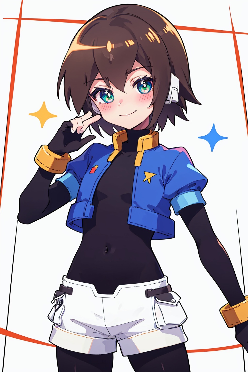 masterpiece,best quality, highly detailed, aile (mega man zx),1girl, smile, solo, legwear under shorts, white background, short over long sleeves, simple background, looking at viewer, blush, bracelet, spandex, closed mouth, gloves, white shorts, puffy short sleeves, bodysuit, signature,<lora:aile_(mega_man_zx):1>