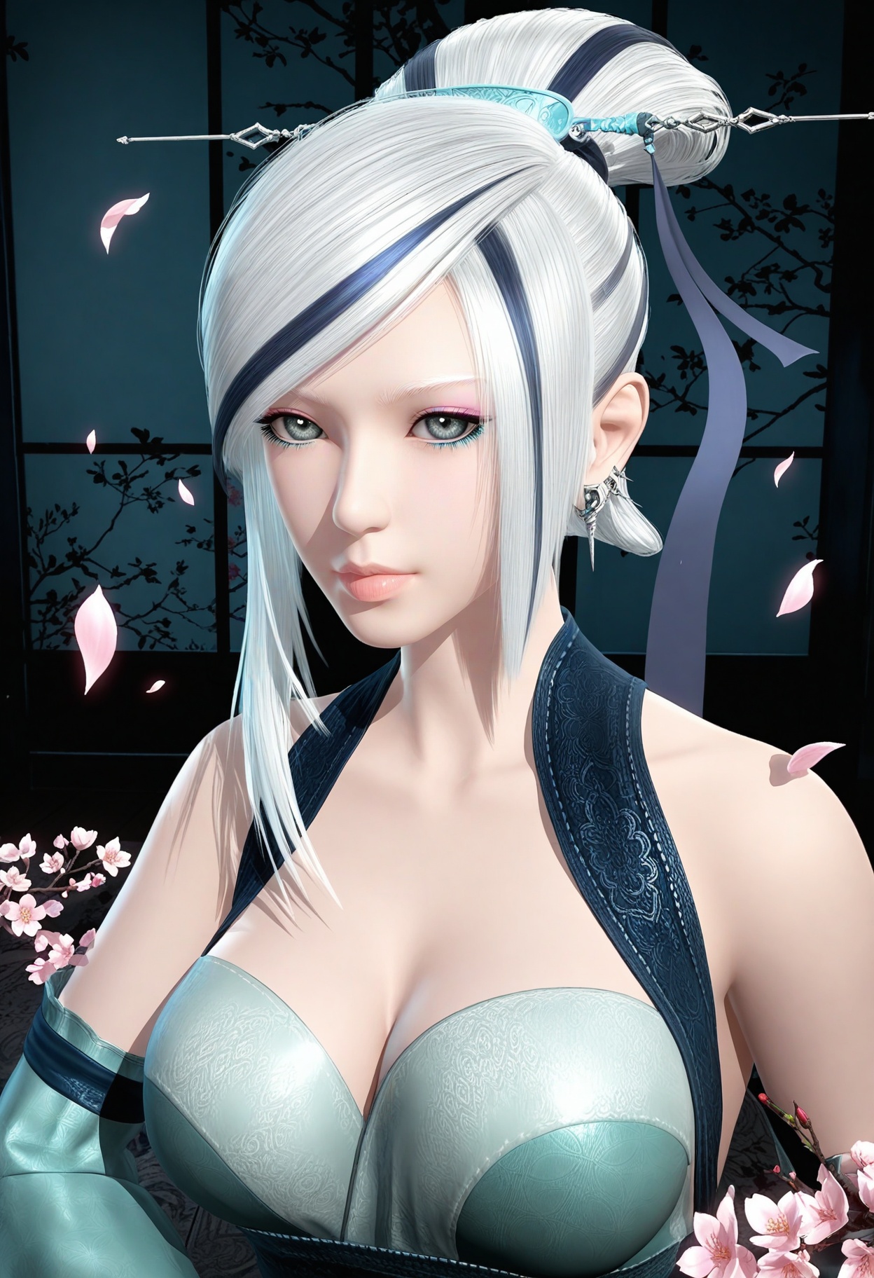(looking at viewer:1.1),upper body,(Dark room:1.3),(moody lighting:1.1),peach blossom,falling petals,(large breasts:0.8),xiaomeng,1girl,solo,white hair,hair ornament,bare shoulders,grey eyes,lips,single hair bun,dress,earrings,cleavage,jewelry,detached sleeves,streaked hair,hair stick,makeup,wide sleeves,high_heels BREAK masterpiece,(best quality),(intricate details:0.9),(realistic skin:1.2),<lora:QQSillxiaomengV1:0.8>,