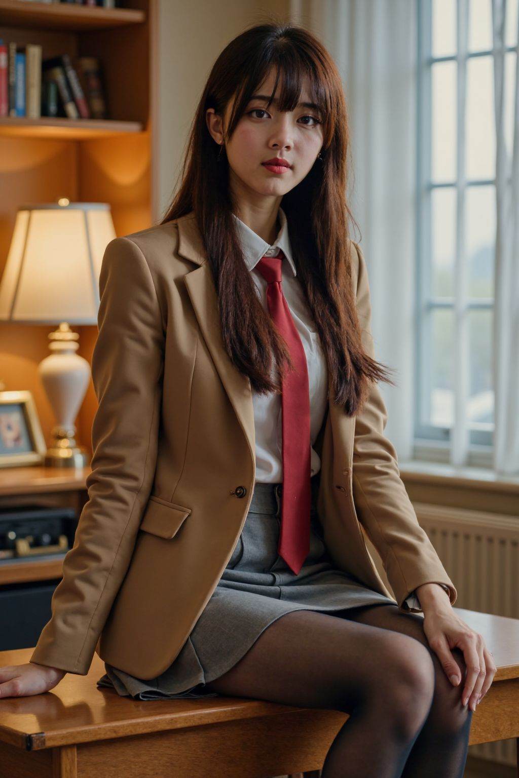 large breasts,A photograph captures a girl with long straight brown hair and bangs,sitting on a wooden desk in a classroom. She wears a brown blazer,red tie,white shirt,and grey skirt,paired with sheer black stockings and brown loafers. Her expression is neutral,and she rests her left hand on her knee while her right hand supports her on the desk. The background includes wooden shelves and a lamp,with white curtains partially covering a window. The setting is warmly lit,suggesting an evening or dimly lit environment.,