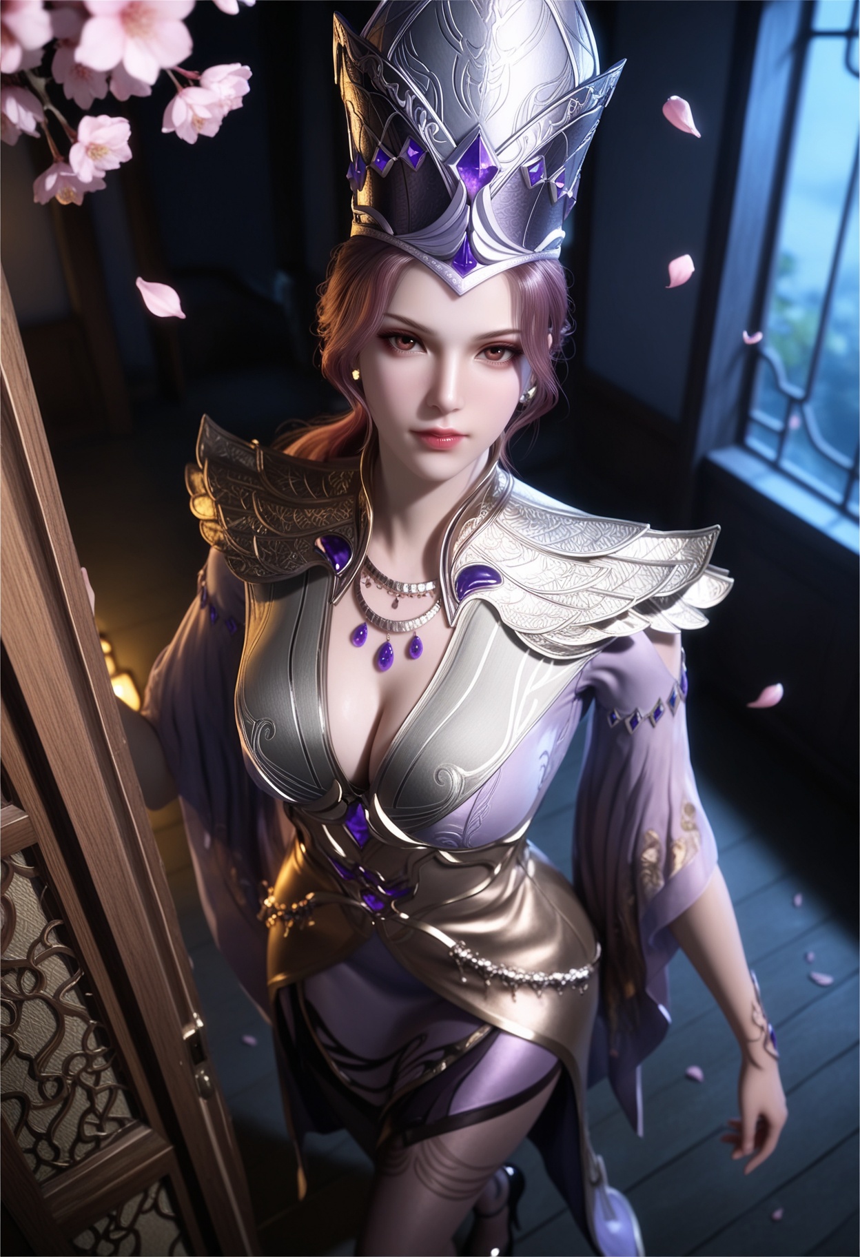 masterpiece,best quality,amazing quality,very aesthetic,high resolution,ultra-detailed,absurdres,scenery,photorealistic,(looking at viewer:1.1),(Dark room:1.3),(moody lighting:1.1),peach blossom,falling petals,(large breasts:0.8),bibidong,1girl,solo,jewelry,gem,armor,brown hair,hat,lips,necklace,brown eyes,earrings,cleavage,crown,long hair,dress,red eyes,makeup,ponytail,short hair,pantyhose,pink hair,purple hair,shoulder armor,long sleeves,high heels BREAK photorealistic details,<lora:QQSillbibidongV1:0.8>,