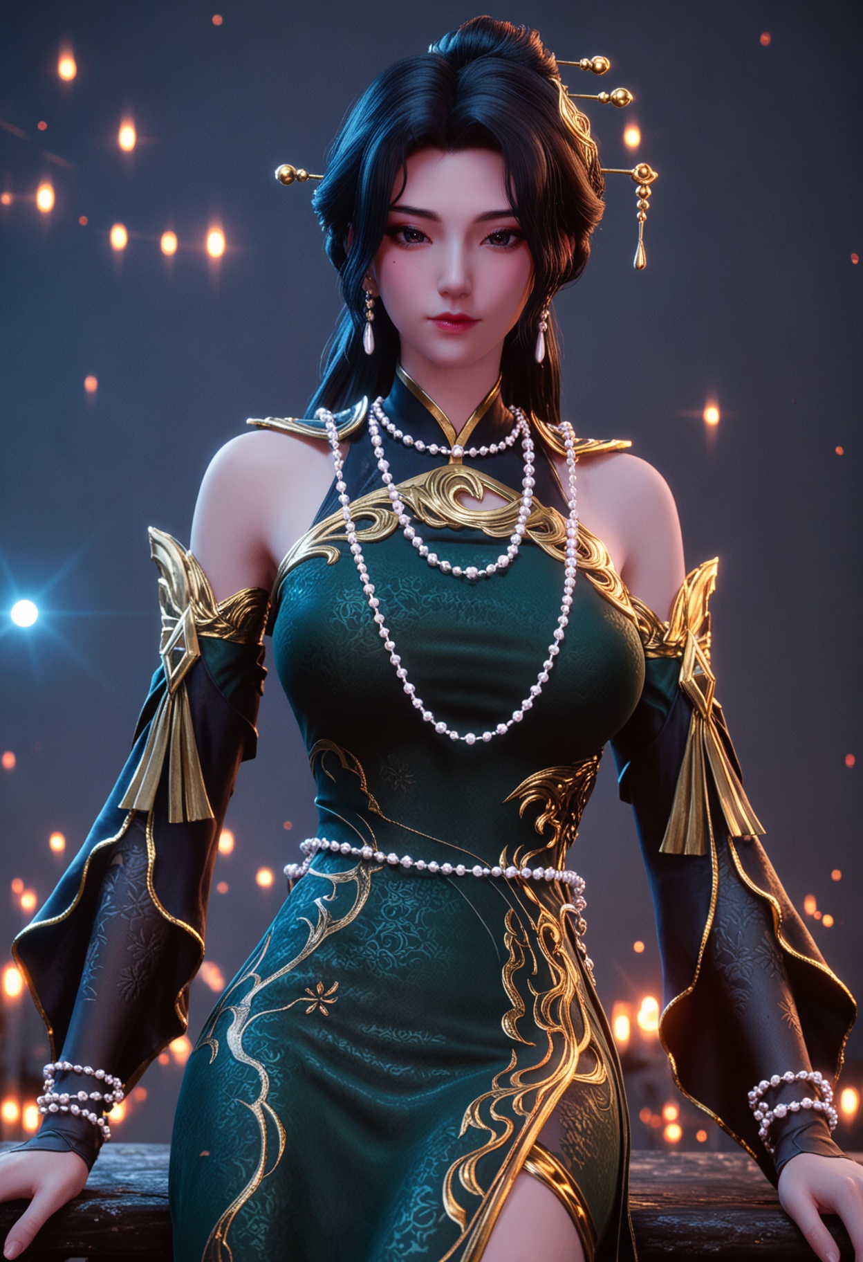 score_9,high detail,best quality,cinematic lighting,volumetric lighting,shiny skin,shiny,1girl,solo,black_eyes,black hair,long hair,dress,jewelry,hair ornament,green dress,earrings,detached sleeves,necklace,large_breasts,bracelet,white background,bare shoulders,makeup,simple_background,looking_at_viewer,thighs,<lora:QQSponydishisanyiV1:0.8>,<lora:Pony_DetailV2.0:0.8>,<lora:皮肤凹痕:0.1>,