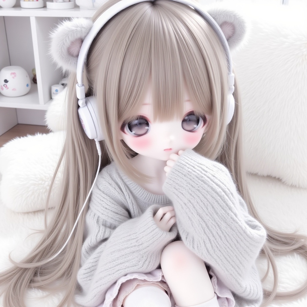 This is a digital illustration of an anime-style girl with a cute, childlike appearance. She has long, straight brown hair with bangs, and wears a white headphone with furry bear ears on top. Her large, round eyes are a soft gray color, and she has a small, pink blush on her cheeks. She is wearing a light gray, knitted sweater with long sleeves, and her right hand is gently touching her chin. She has a small, white bandage on her left knee. The background includes a white, fluffy pillow and a shelf with various small, white objects, creating a cozy, indoor setting. The overall color palette is soft and muted, with a lot of whites and grays, giving the image a gentle and soothing feel. The texture of the sweater and the pillow are clearly depicted, adding a sense of realism to the illustration.