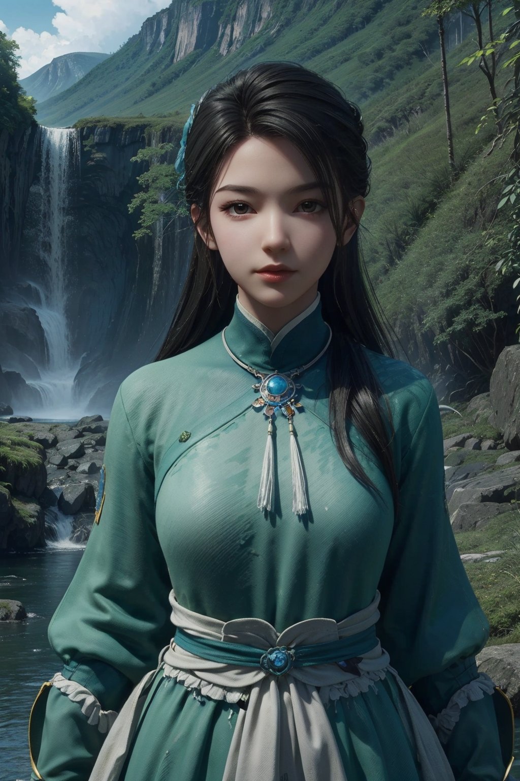1girl,upper body,looking at viewer,waterfall,<lora:月清疏:0.55>,, masterpiece,best quality,official art,extremely detailed CG unity 8k wallpaper,