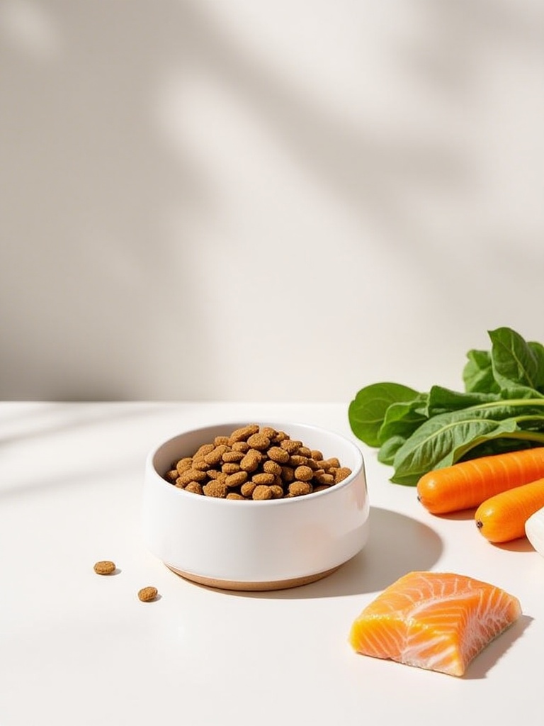 STML,A minimalist scene with a sleek ceramic bowl of cat food, next to fresh fish, carrots, and spinach leaves, with soft shadows and a modern, high-end feel.<lora:S-T-猫粮海报_S1.5:1>