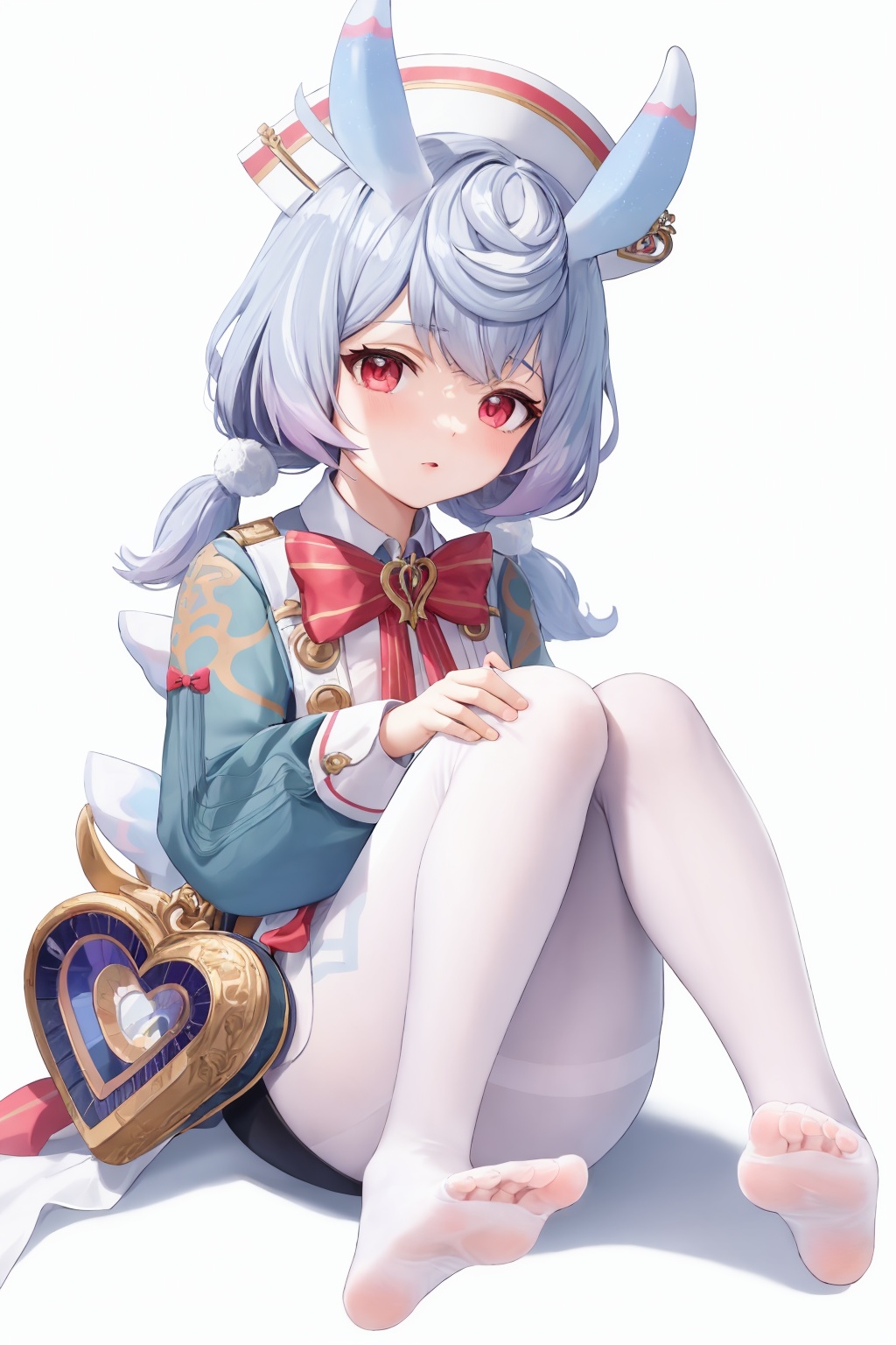 masterpiece, best quality <lora:sigewinne-v2:1>,sigewinne (genshin impact), 1girl, no shoes, pantyhose, solo, feet, white pantyhose, hat, red eyes, soles, white background, twintails, blue hair, low twintails, long sleeves, simple background, full body, animal ears, toes, looking at viewer, bangs, holding, nurse cap, sitting, long hair, puffy sleeves, legs, hair ornament