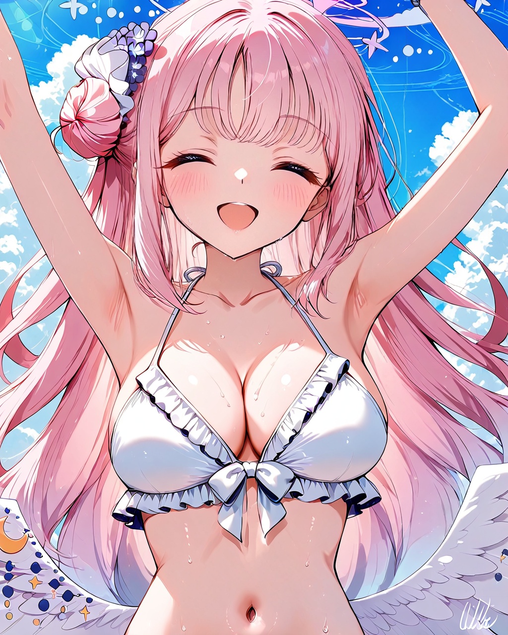 mika (blue archive),O,1girl, swimsuit, breasts, wings, bikini, closed eyes, halo, long hair, solo, navel, waving, smile, white bikini, mika (blue archive), cleavage, sky, cloud, open mouth, arm up, pink hair, low wings, angel wings, collarbone, white wings, feathered wings, bangs, ^_^, frills, blush, armpits, :d, blue sky, large breasts, very long hair, cloudy sky, frilled bikini, medium breasts, alternate costume, signature, day, sidelocks, facing viewer,(UHD),anatomically correct,accurate,textured skin,super detail,high details,award winning,best quality,high quality,retinal,HD,16k,1080P,