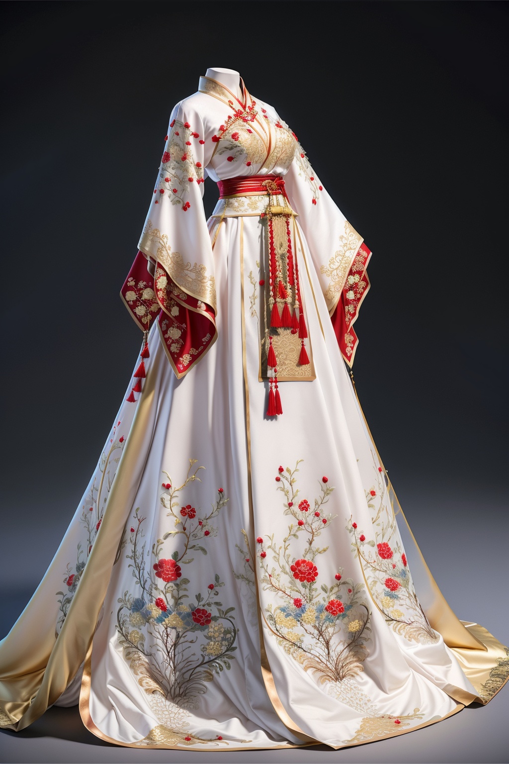 hanfu,best quality,masterpiece,colorful,dynamic angle,highest detailed,yellow white dress,(clean background:1.3),v-neck,red,fishtail skirt,