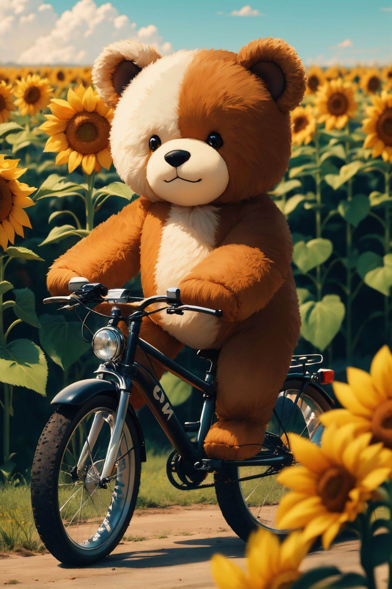 ï»¿A giant teddy bear riding a bicycle through a field of sunflowers. on Tensor.Art