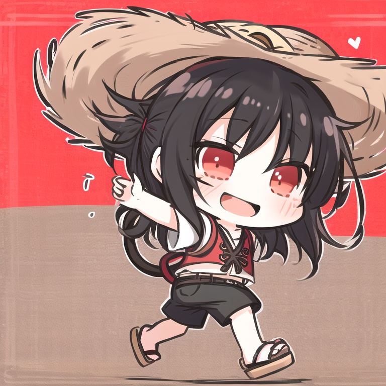 <lora:bichi style:1>,bichi style,1boy,monkey d. luffy,solo,male focus,straw hat with red edge,black hair,sandals,running,shorts,open mouth,smile,simple background,scar,black eyes,red background,chibi,