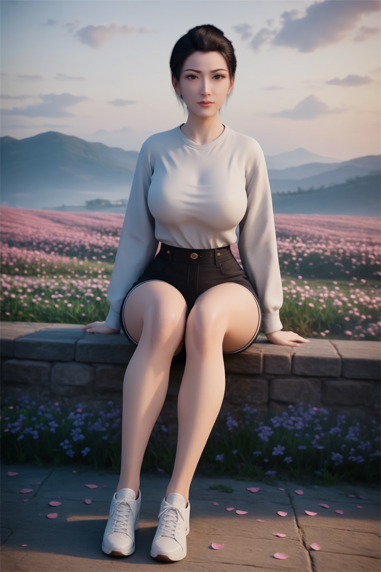 hongfu,<lora:hongfuXL:0.7>,1girl,solo,score_9,score_8_up,score_7_up,32K UHD,8k,4k,best quality,extremely detailed cg 8k wallpaper,ultra-detailed,masterpiece,sharp focus,unconventional supreme masterpiece,masterful details,temperate atmosphere,with a high-end texture,luxurious sharp focus,intense,dynamic cinematic color,located artistic,Fashion and art,elegant and sophisticated,innovative use of light and shadow,decorative,allegorical,symbolic,with a high-end texture,day,sky,outdoors,flower,flower field,petals,sitting,pale skin,looking at viewer,big breasts,sweatshirt,shorts,shoes,