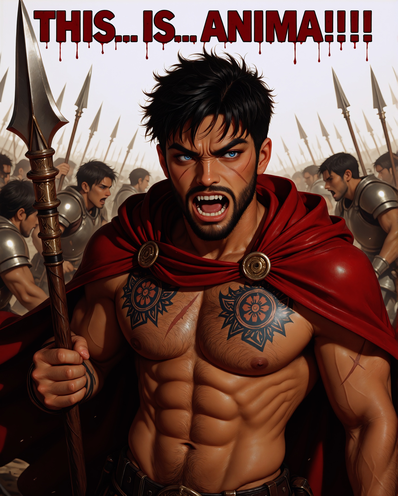 Caption across the top in red blood saying "THIS... IS... ANIMA!!!",  A powerful and heroic warrior with a fierce expressi...