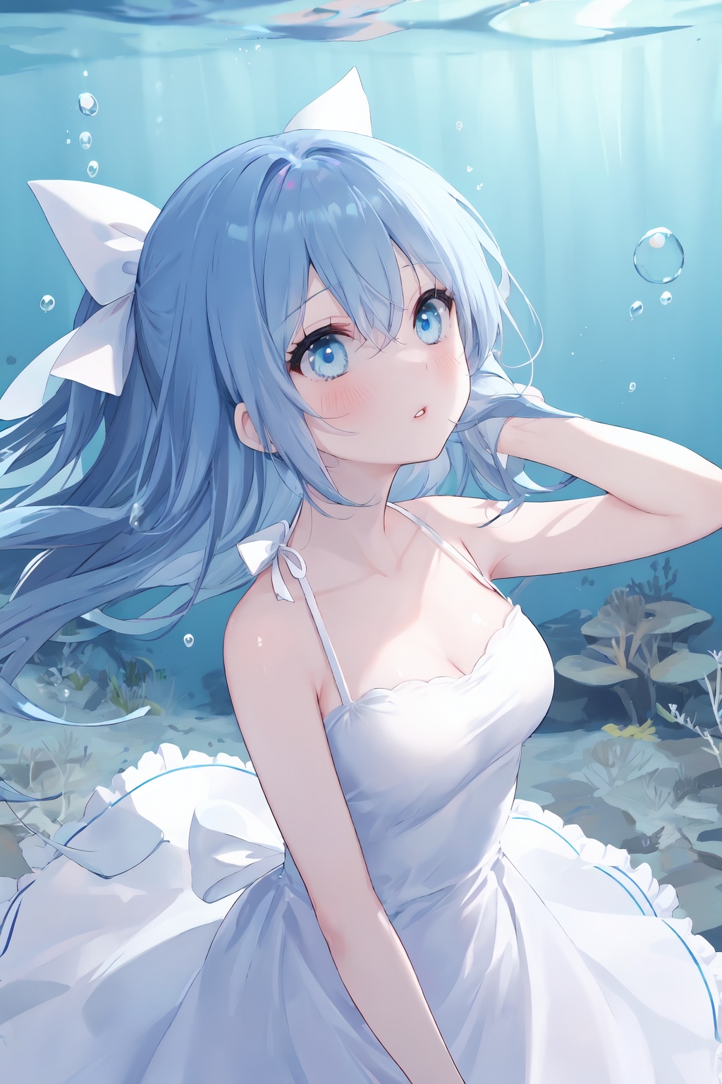 1girl, solo, dress, long hair, blue eyes, breasts, blue hair, white dress, arm up, bubble, bangs, parted lips, sleeveless, blush, bare shoulders, sleeveless dress, underwater, medium breasts, air bubble, hair between eyes, looking up, bare arms, bow, ribbon, white bow, hair ribbon, collarbone, white ribbon, floating hair, bright eyes, clear eyes, mi-style