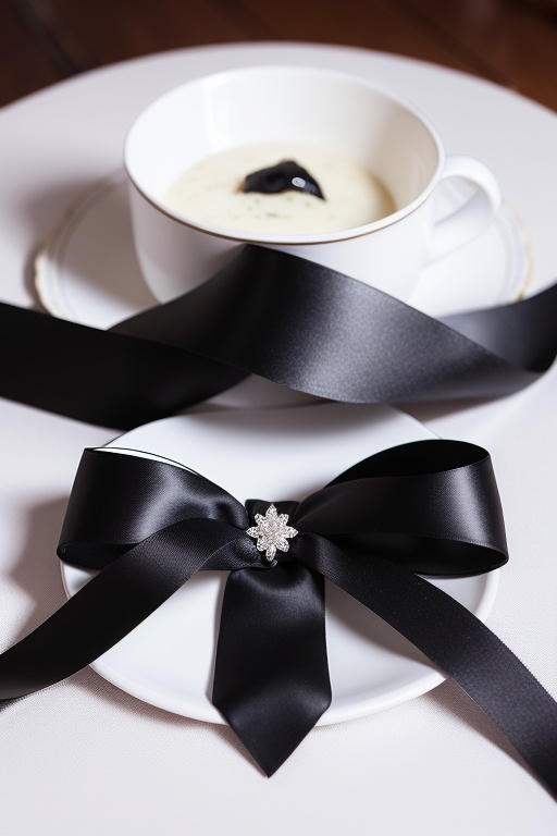 (non-human:1.2),black ribbon,pd1,<lora:pd1:0.6>,still life,white background,there are some ribbon decorations on the dining table,cann,dining plate,flower,