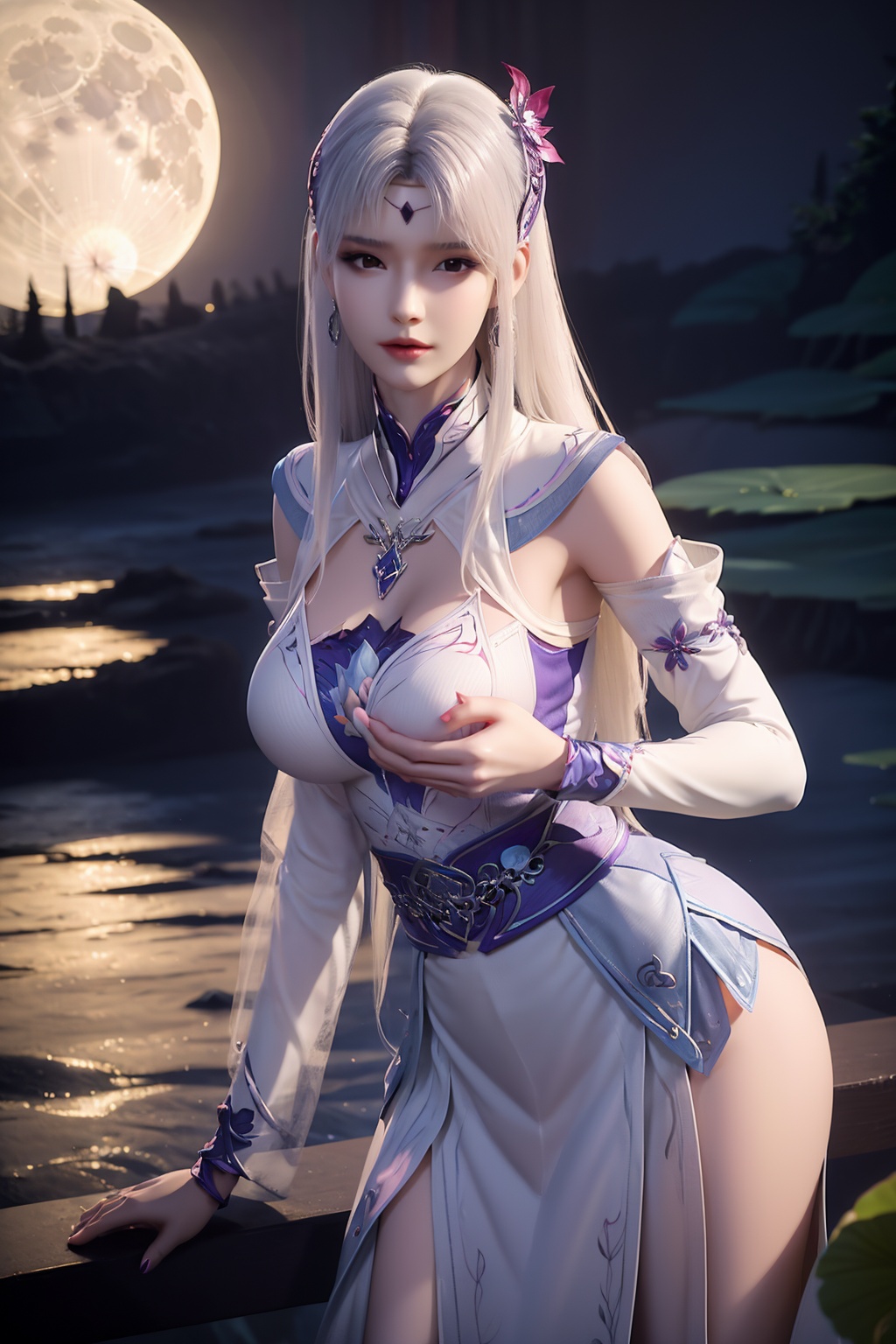 standing,dress,chinese clothes,flower,full_moon,moon,night,lily_pad,lotus,moonlight,water,night_sky,lily_\(flower\),sky,partially_submerged,1girl,solo,hair ornament,realistic,nail polish,photo_\(medium\),(big breasts, cleavage),makeup,(8k, RAW photo, best quality, masterpiece:1.2),(realistic, photorealistic:1.3),ultra-detailed,extremely detailed cg 8k wallpaper,(crystalstexture skin:1.2),extremely delicate and beautiful,(sexy pose:1.2),chinese dress,white hair