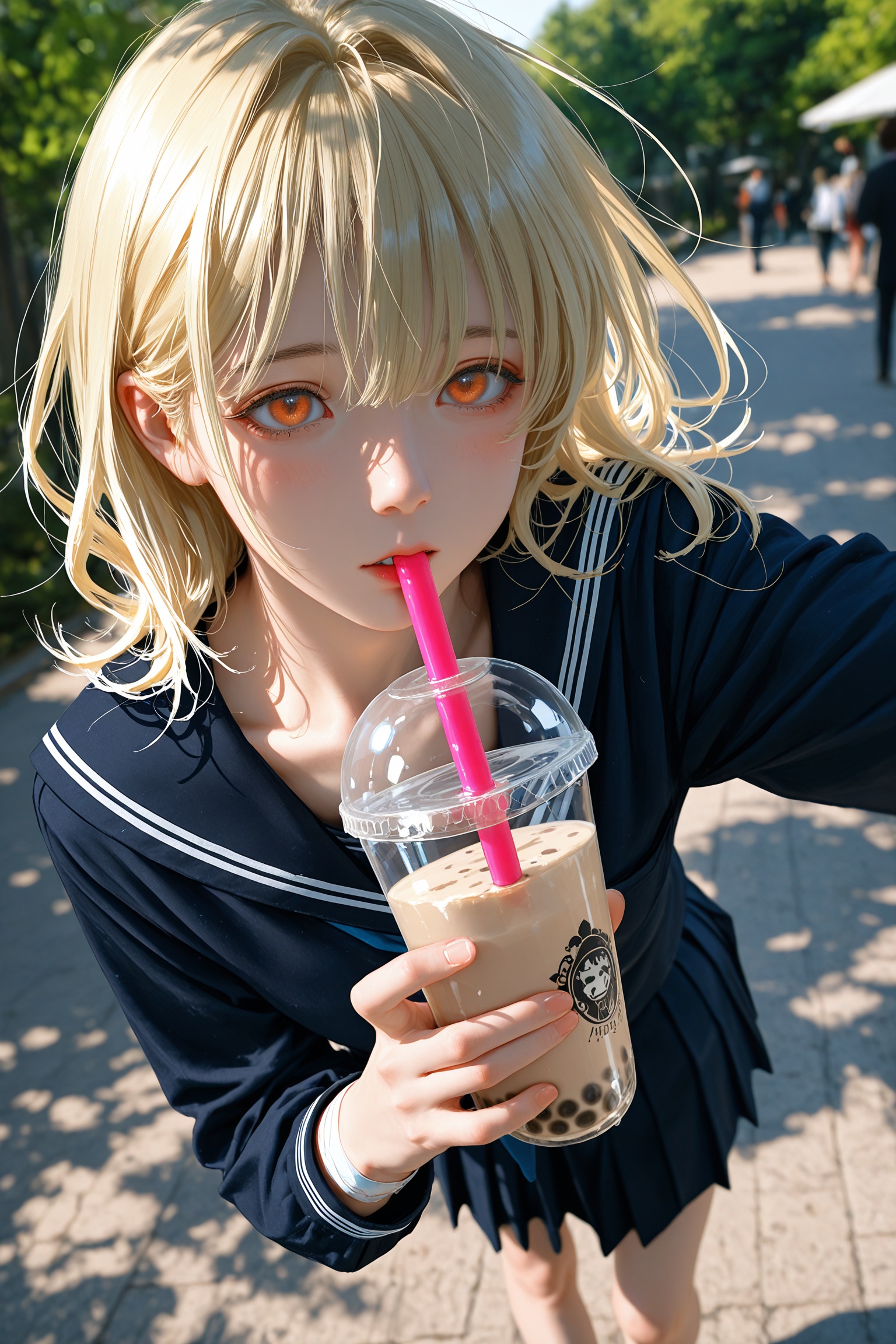 (yoneyama mai:1.16),(artist ciloranko:1.05),zhibuji loom,(fuzichoco:0.86),(rella:1.1),(konya karasue:1.1),(hagimorijia:1.05),wlop, 7481llu,1girl,solo,bandage on left wrist,long wavy hair,blonde hair,small breasts,orange eyes,light skin, bangs between eyes, front view, blush, close up, eyes focused,collarbone, parted lips,serafuku, ,holding bubble tea,drinking, walking, dappled sunlight,lens flare, ,indicate details,blurry background,shadow, vignetting,depth of field,blurry foreground,foreground, depth of field, Blurred periphery,masterpiece, best quality, ultra detailed, high resolution, (((8K))), ((UHD, 4K)), intricate details, highly detailed, intricate, fine details, sharp, crisp, clear,masterpiece,best quality,amazing quality,lazyposabsurdres,newest,very aesthetic,highres,lazyup,high detail,subtle,high contrast,colorful depth,chiaroscuro,impasto,(shallow depth of field:1.4),(foreshortening:1.4),