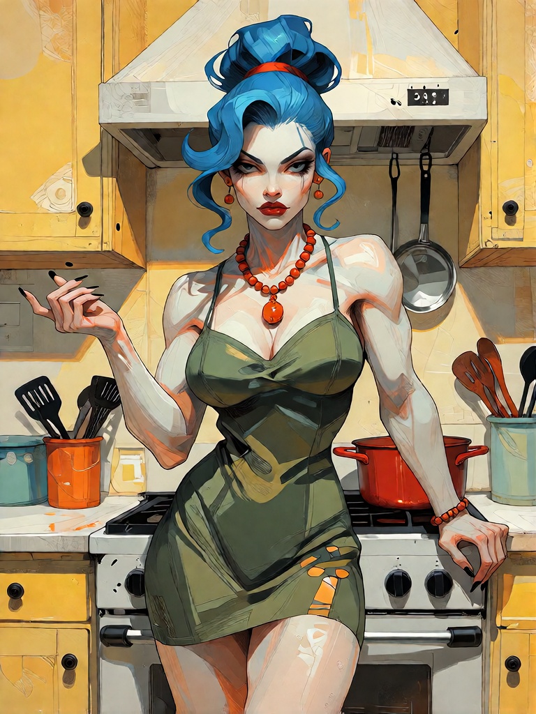 Bradhamel art style. A confident,  muscular woman with vibrant blue hair styled in a high,  voluminous updo stands in a wa...