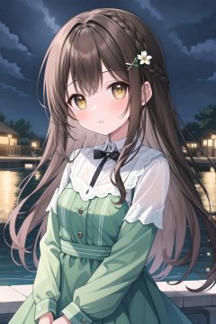 1girl, solo, looking at viewer, blush, bangs, brown hair, hair ornament, long sleeves, dress, yellow eyes, upper body, braid, flower, sidelocks, outdoors, parted lips, hairclip, water, night, hair rings, green dress, masterpiece